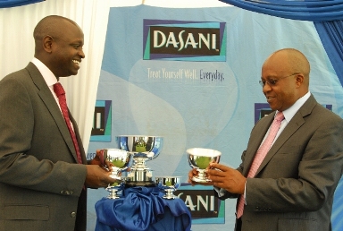 WELL IN: Alfred Kariuki (right) with Coca-Cola General Manager East Africa Peter Njonjo during the launch of Dasani Golf Gala on Thursday. He was elected the new KGU chairman after the Union's AGM on Friday.